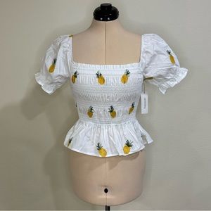 Francesca's White Pineapple Embroidered Top